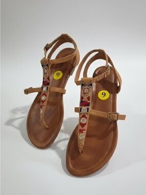 Indigo Rd Tan T-Strap Beaded Women's Sandals